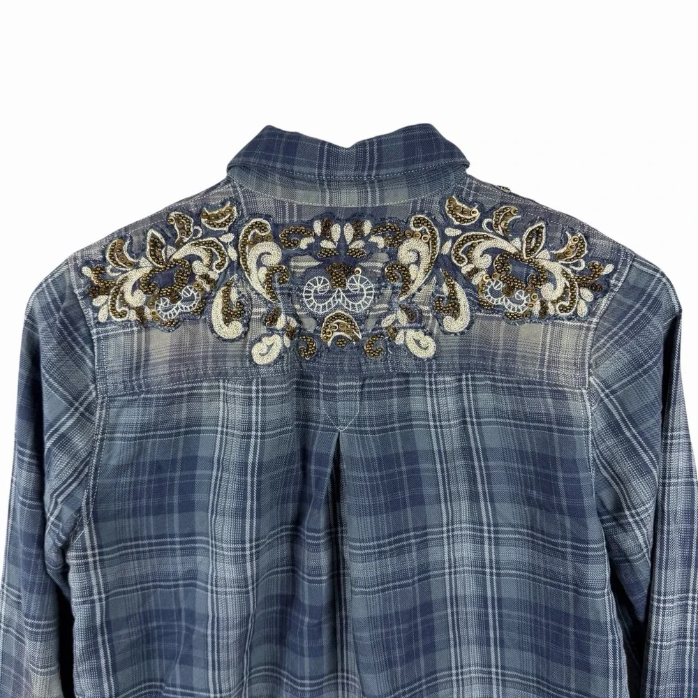 Free People Sz XS Stevie's Embellished Plaid Button-Down Shirt‎ Top Blue